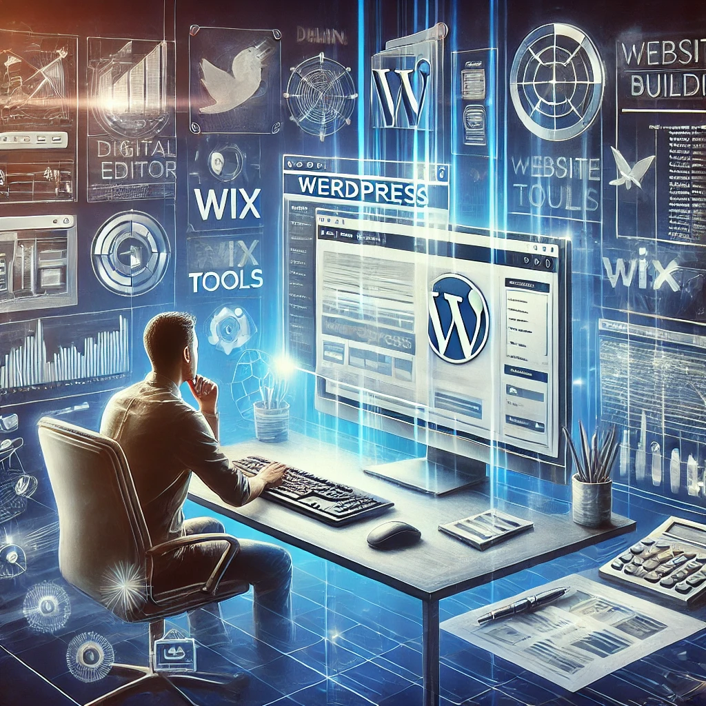DALL·E 2024-06-27 15.59.33 - A dynamic and professional scene of website building. At the center, a computer screen shows an open website editor like WordPress. Surrounding the sc