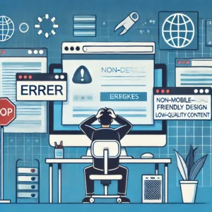 DALL·E 2024-06-27 16.43.08 - An image showing a frustrated person in front of a computer screen with a malfunctioning website, symbolizing common mistakes in website building. The
