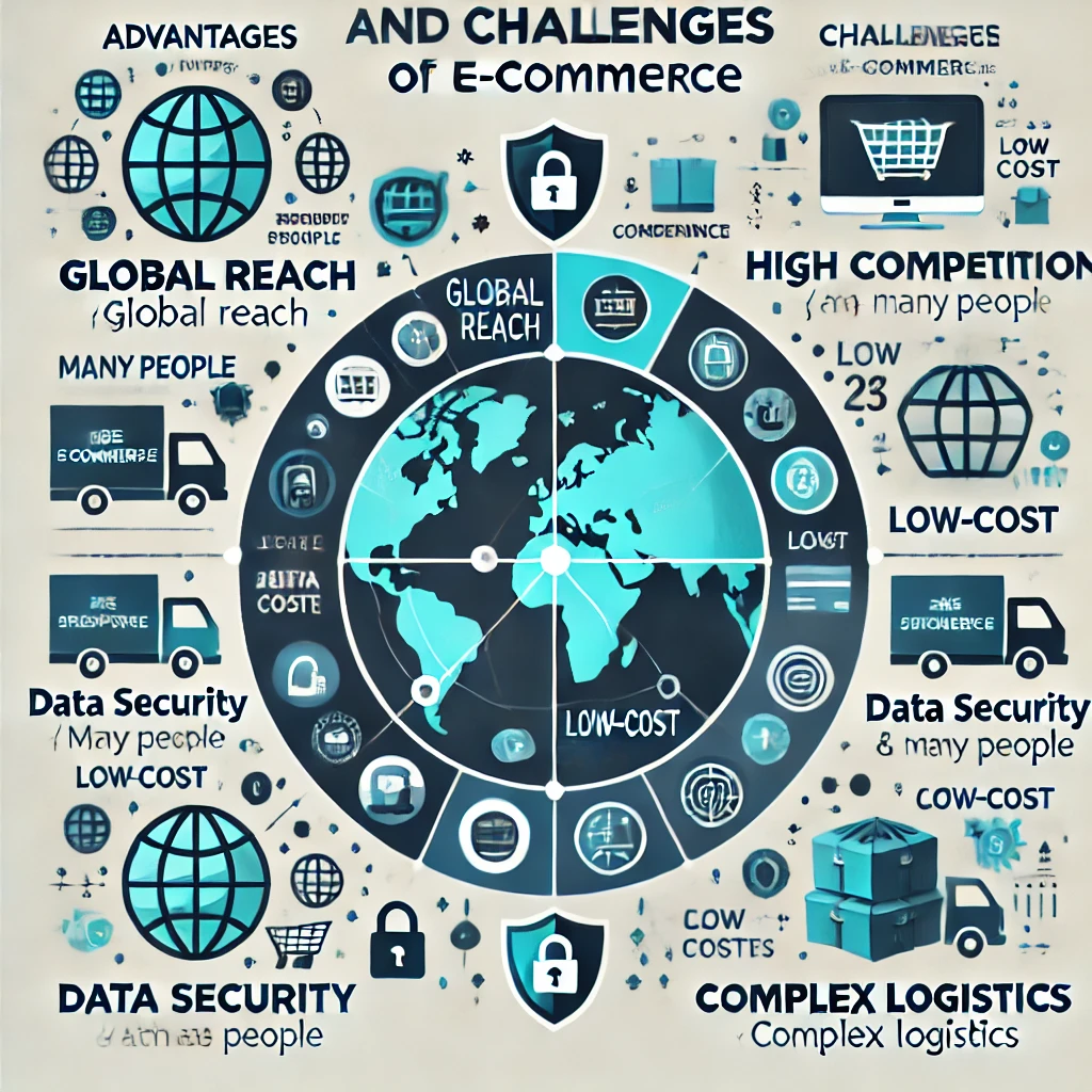 DALL·E 2024-06-27 16.57.57 - An infographic showing the advantages and challenges of e-commerce in a graphical and clear manner. The infographic is divided into two sections_ 1. A